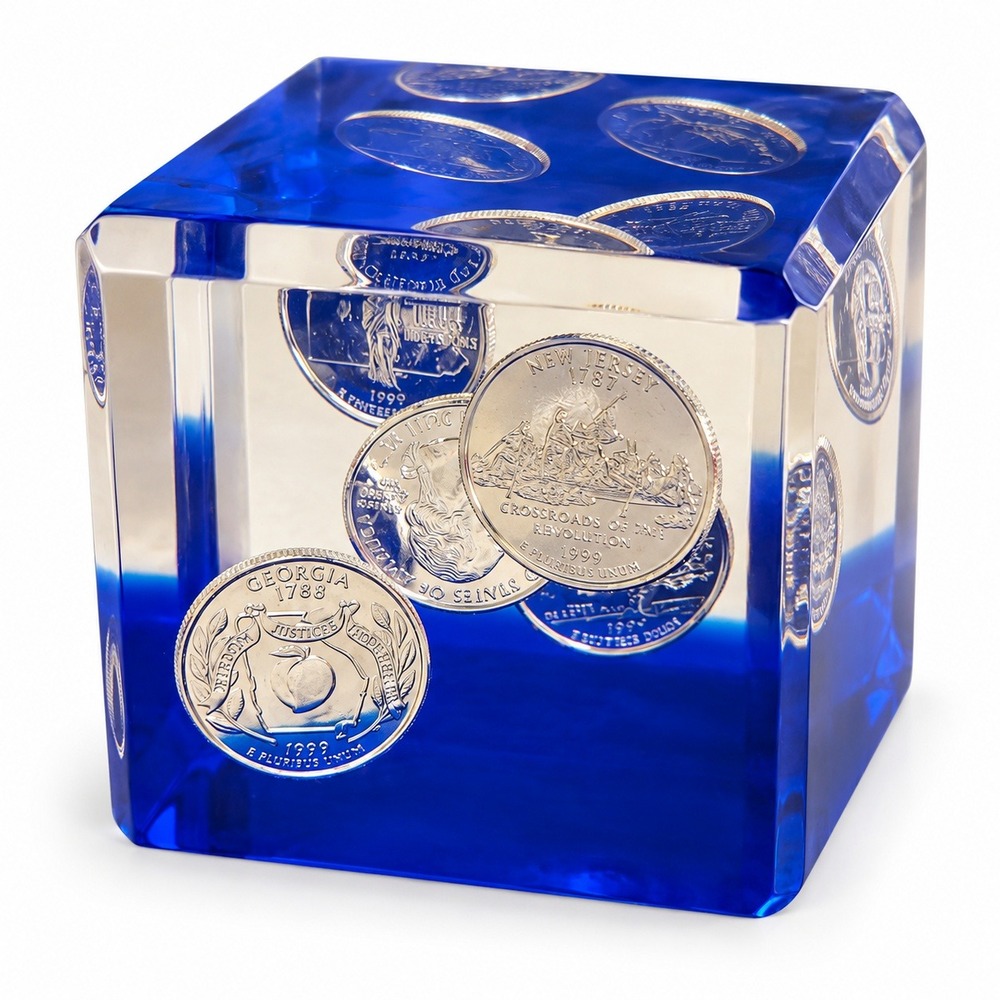 1999 US State Quarters HCC Lucite Acrylic Coin Paperweight 5 Coin First Year Set
